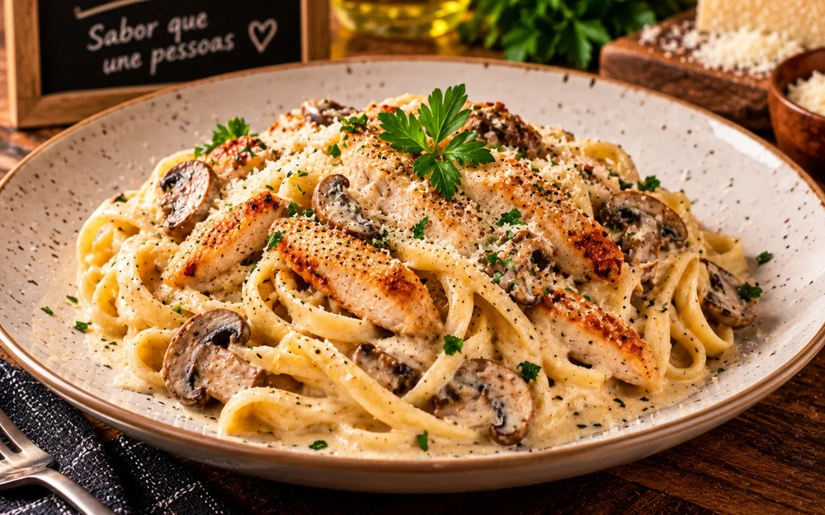 Fettuccine Cremoso com Frango e Cogumelos